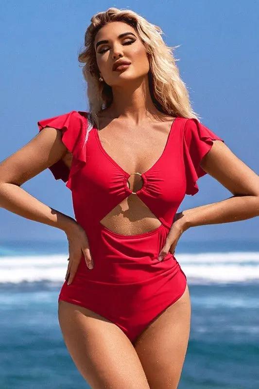 Ruffle O-Ring Cutout One Piece Bathing Suit for Women - Love Salve